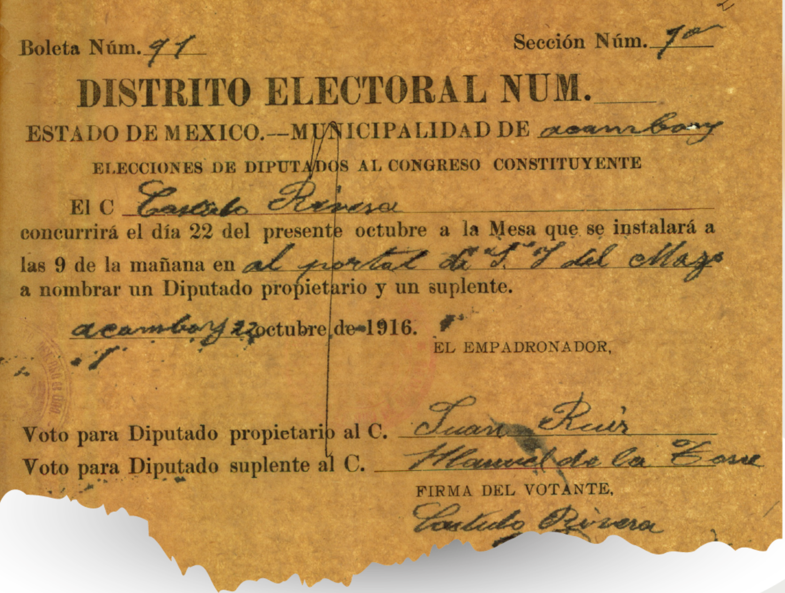 Archivo del PJEdomex conserva boleta electoral de 1916